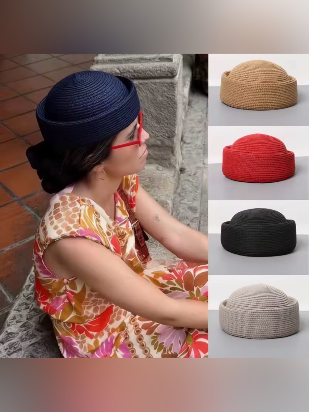 Summer Woven Pillbox Hat - Navy